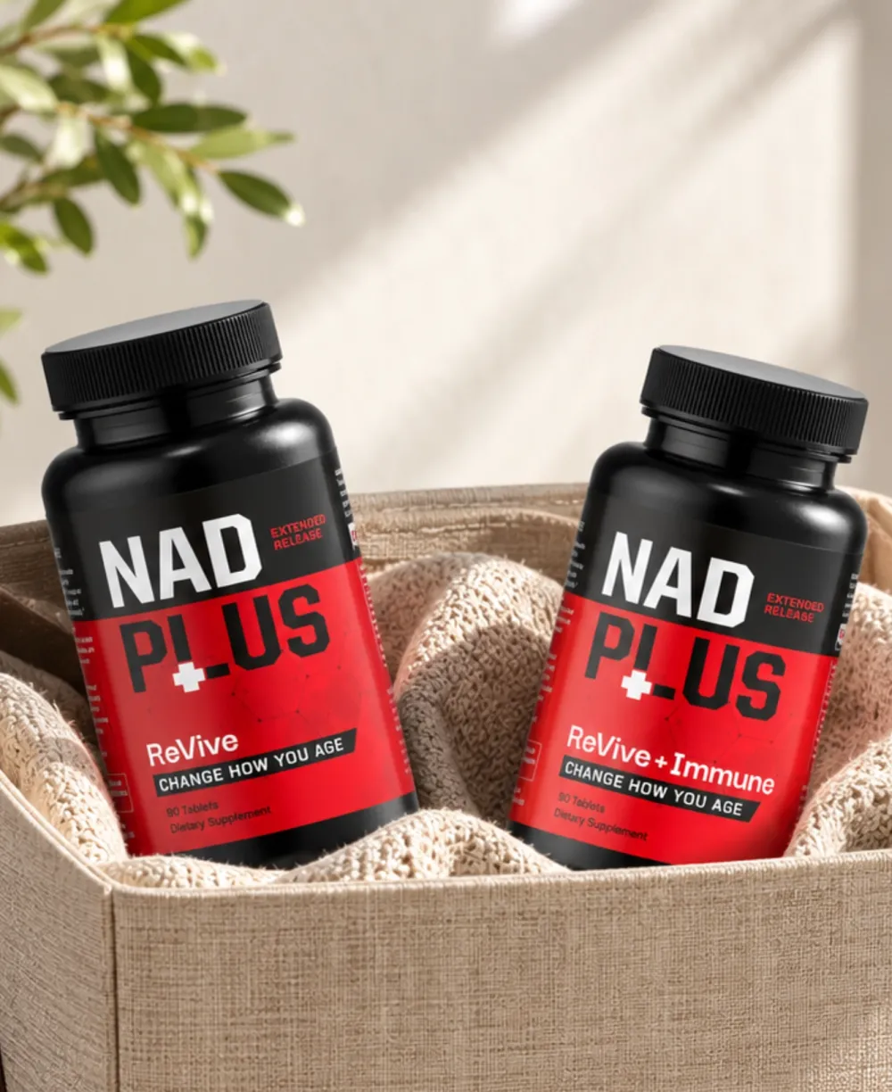 Two NAD Plus ReVive supplement bottles
