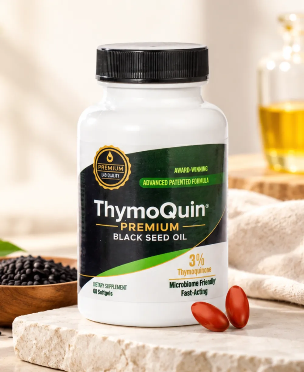 ThymoQuin premium black seed oil bottle with softgels